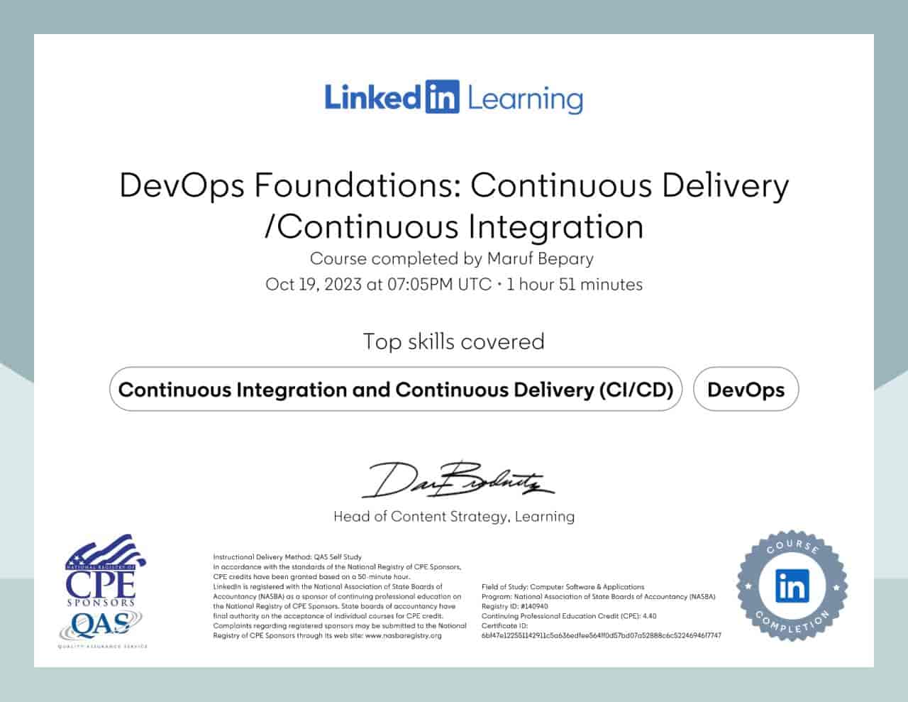 DevOps Foundations: Continuous Delivery/Continuous Integration certificate image