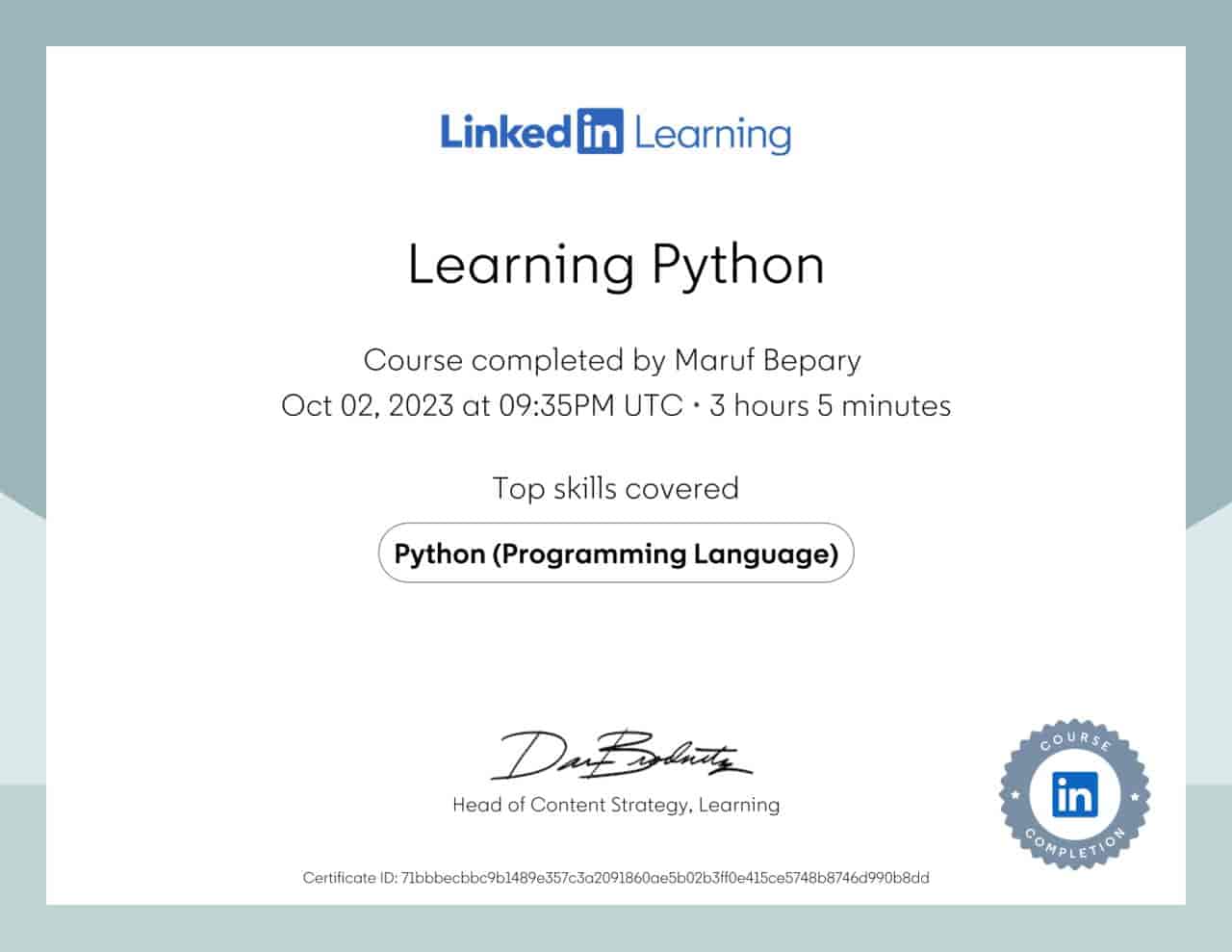 Learning Python certificate image