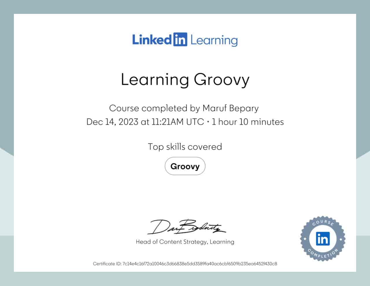 Learning Groovy certificate image