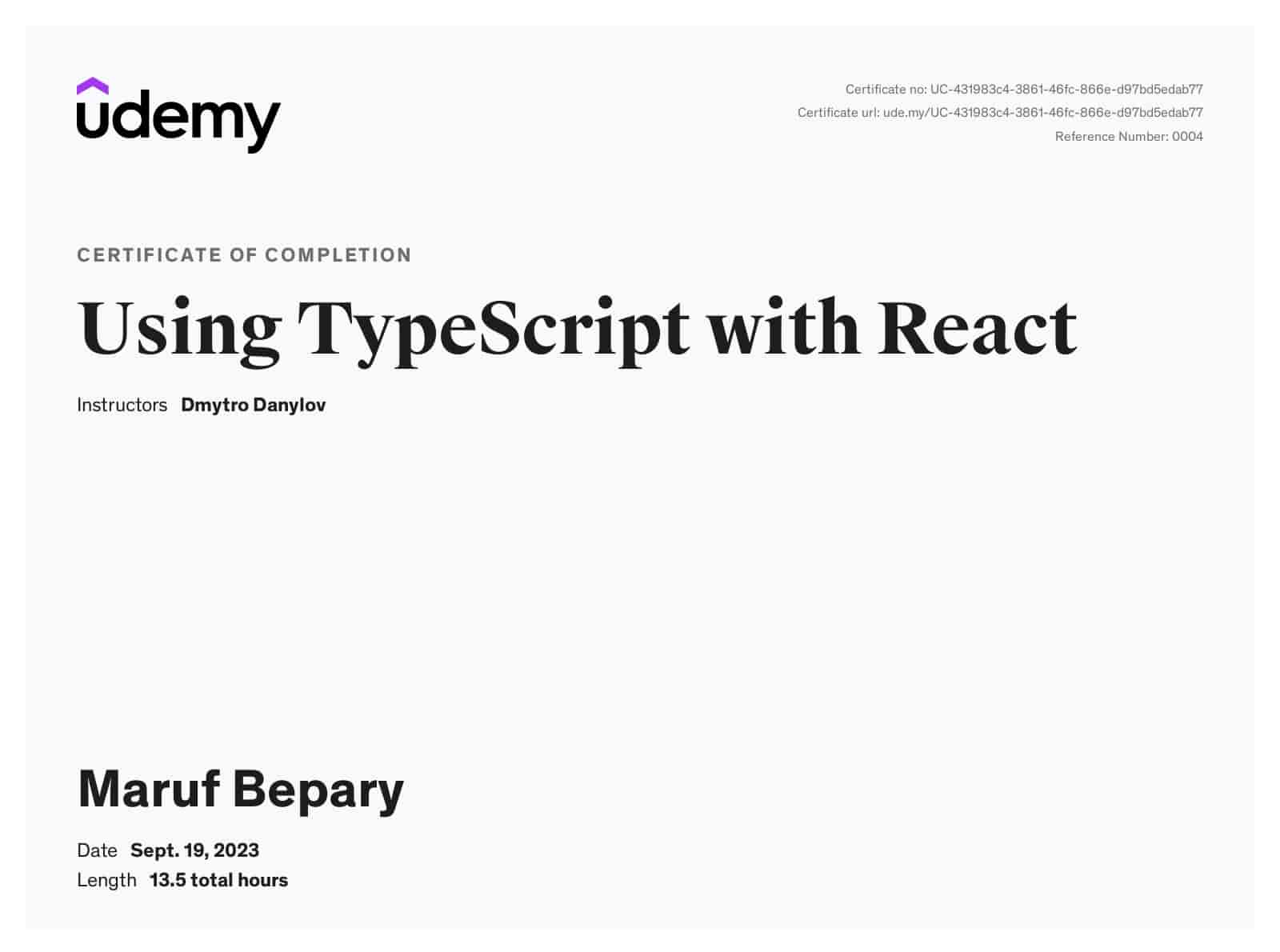 Using TypeScript with React certificate image