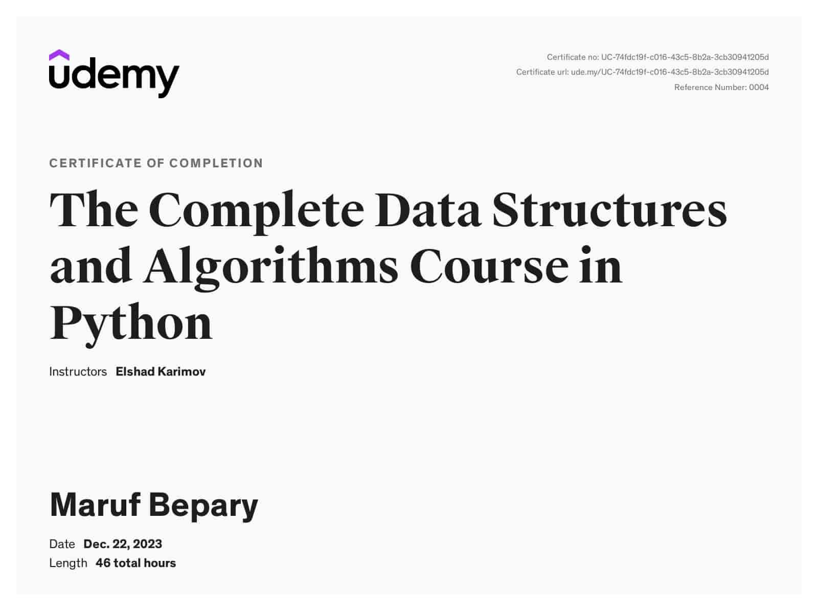 The Complete Data Structures and Algorithms Course in Python certificate image