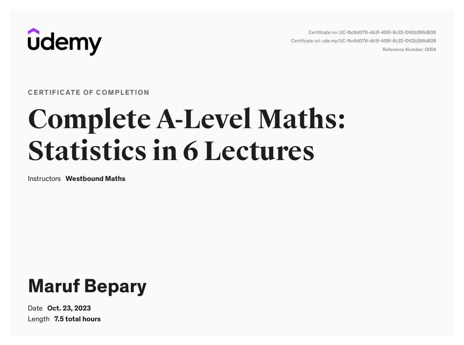 Complete A-Level Maths: Statistics in 6 Lectures certificate image