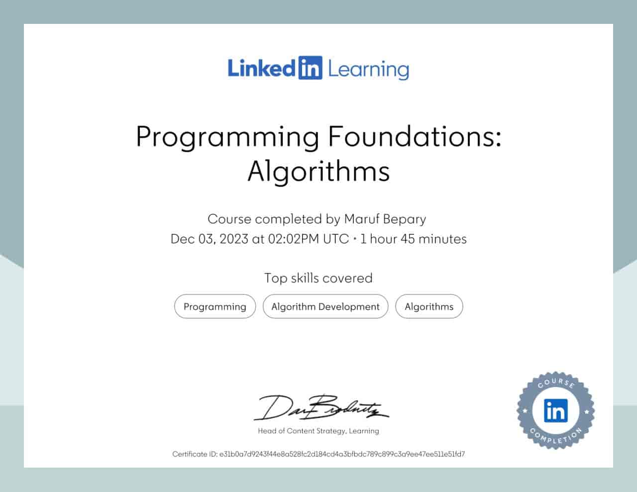 Programming Foundations: Algorithms certificate image