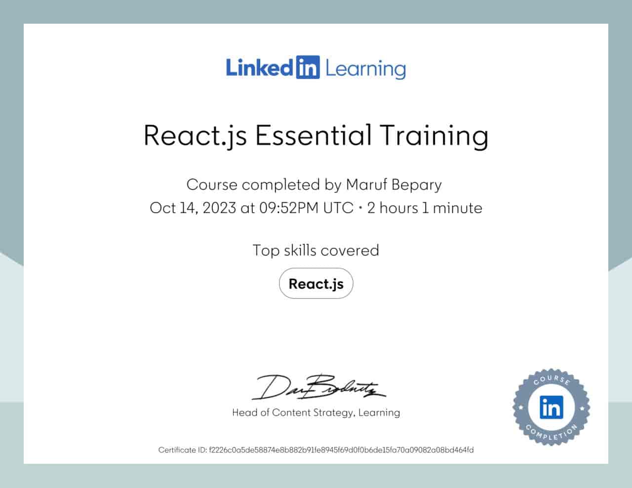 React.js Essential Training certificate image