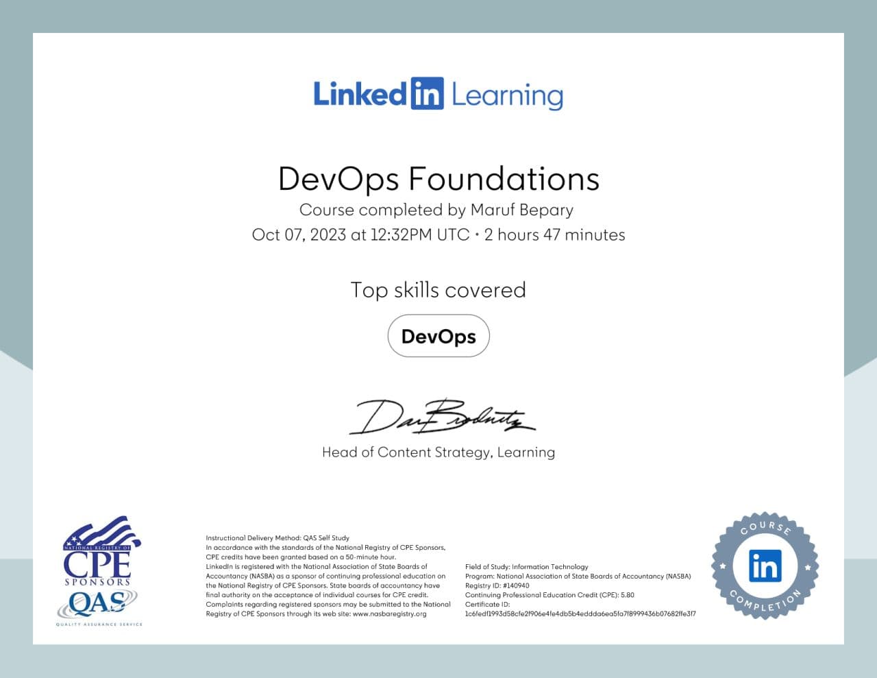 DevOps Foundations certificate image