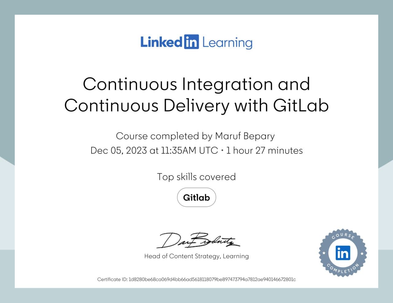 Continuous Integration and Continuous Delivery with GitLab certificate image