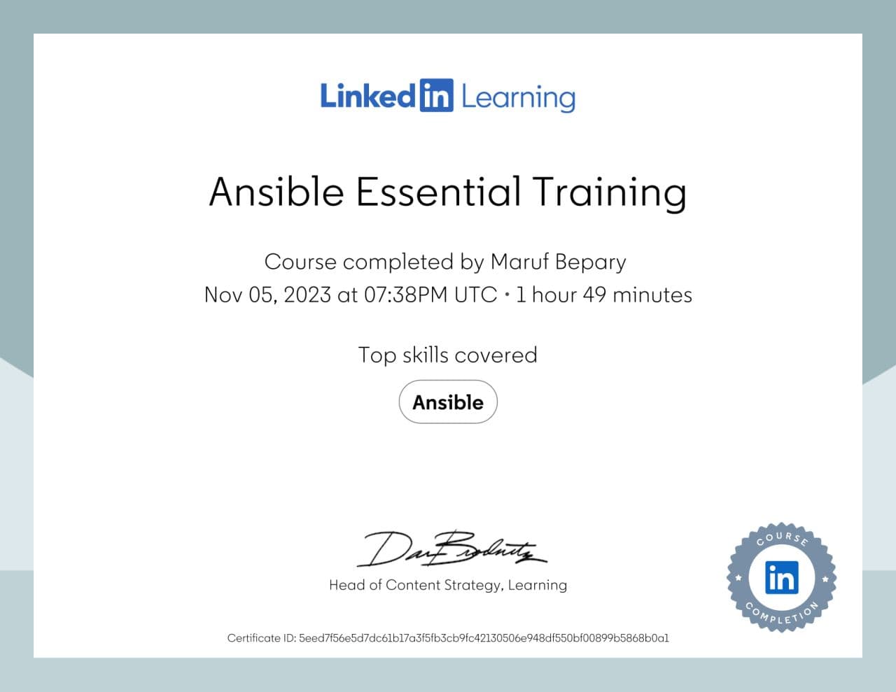 Ansible Essential Training certificate image