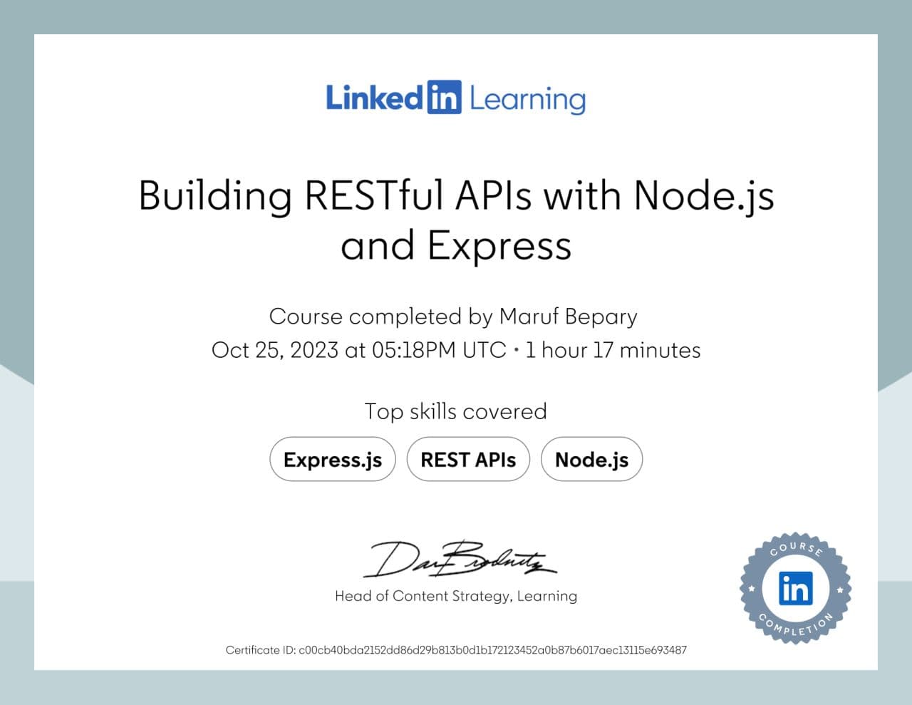 RESTful APIs with Node.js and Express certificate image